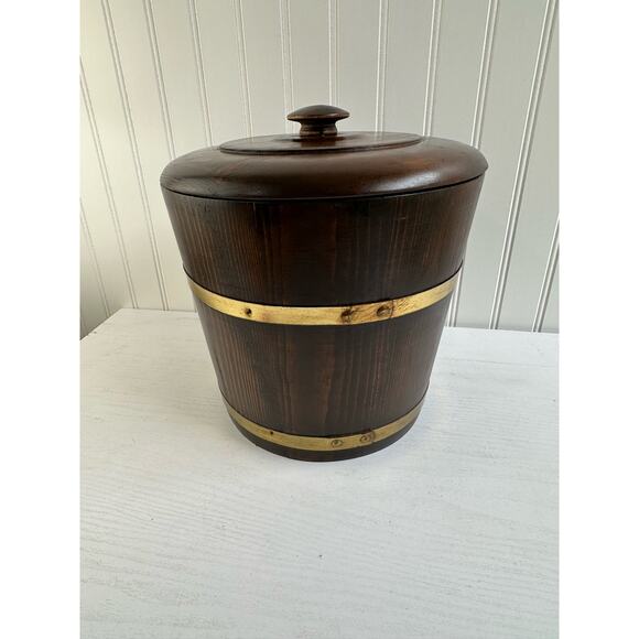 Vintage Wooden Ice Bucket Cooler With lid Brown Barware 9" - Picture 5 of 8